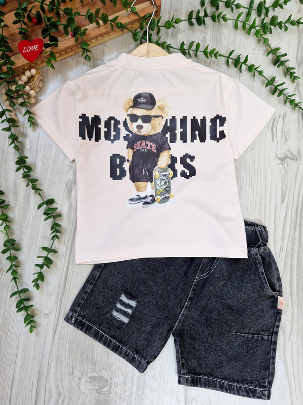 ست تیشرت شلوارک وارداتی پسرانه بچگانه اورجینال جنس شلوار جین ذغالی