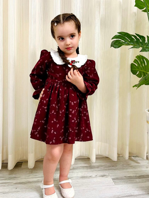 پیراهن مخمل کبریتی دخترانه مدل یقه ب ب
